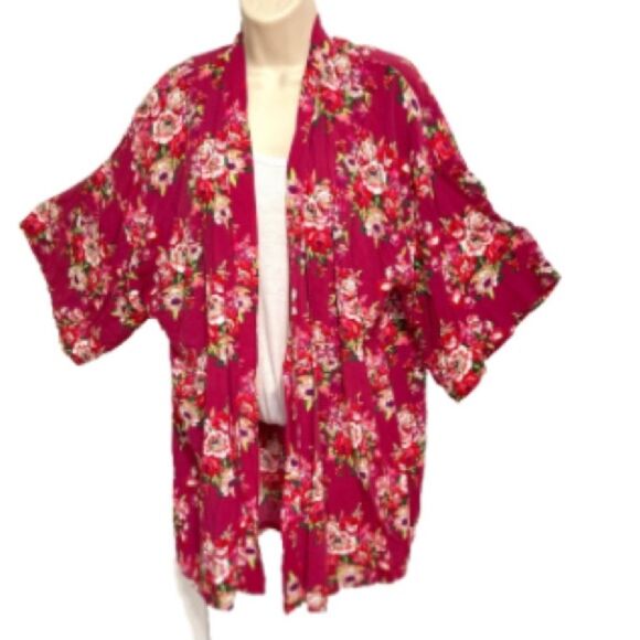 Swim Cover up KIMONO Duster Floral Wide Sleeves Mini One Size Fits Most - Picture 1 of 9